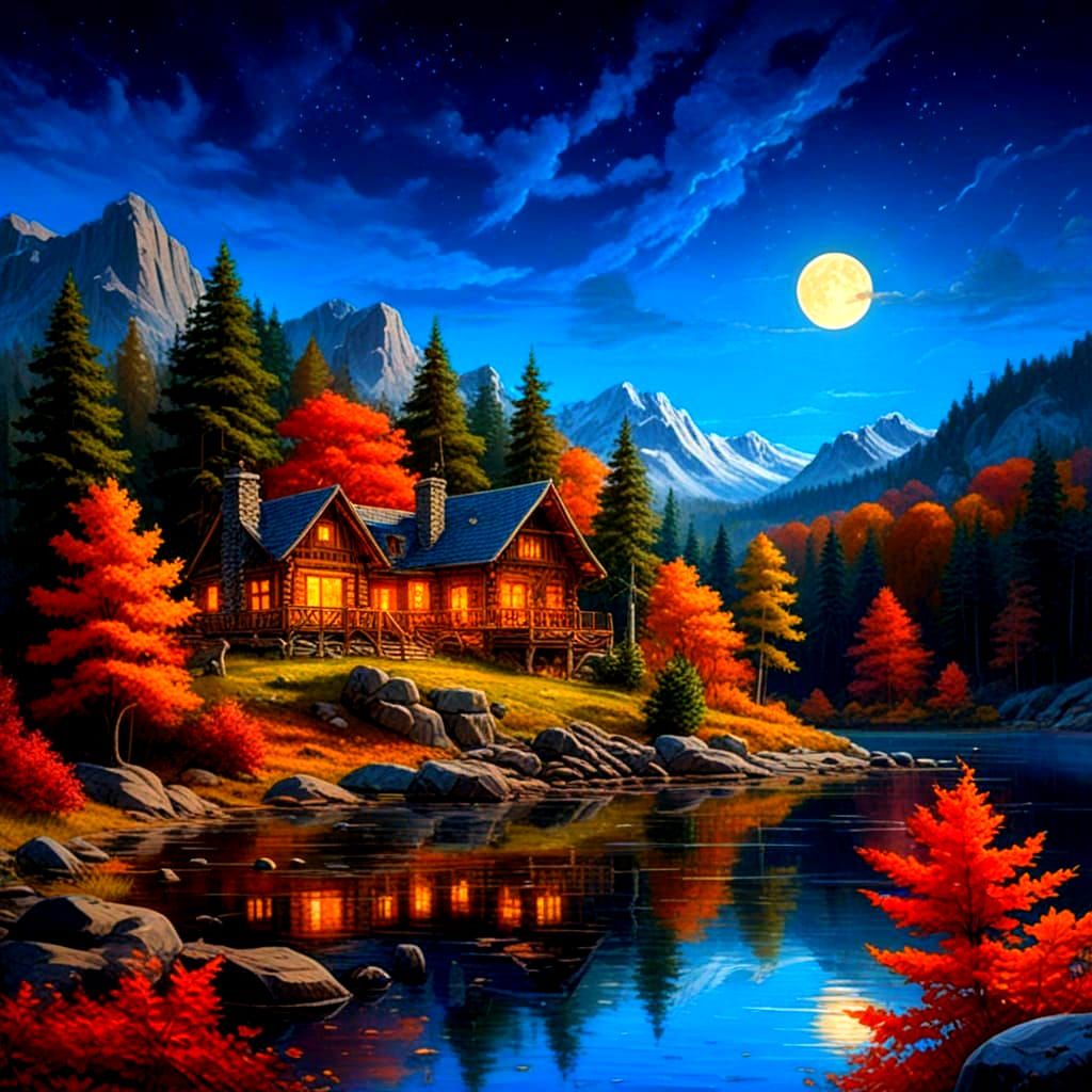 Appalachian Manor in Autumnal Forest, Oil Painting