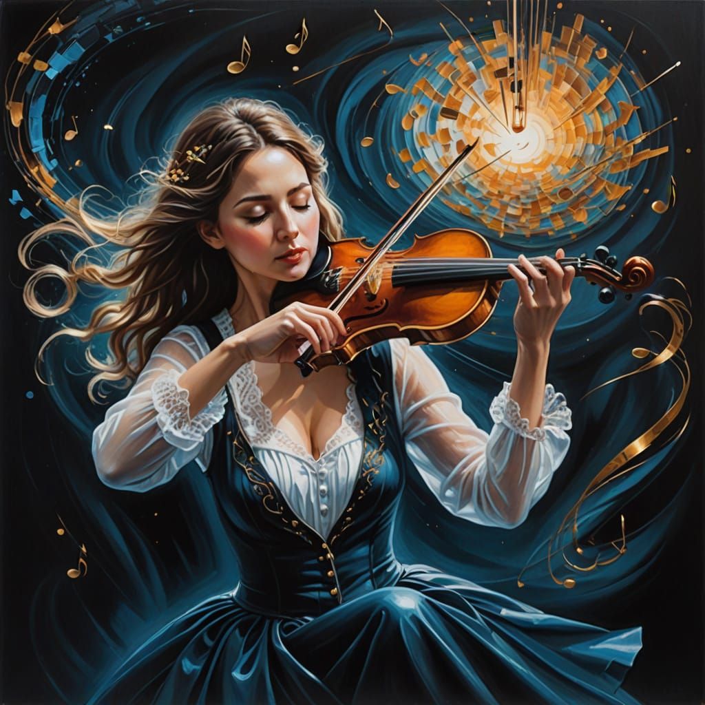 Surreal Woman Plays Violin: Vibrant Oil Painting