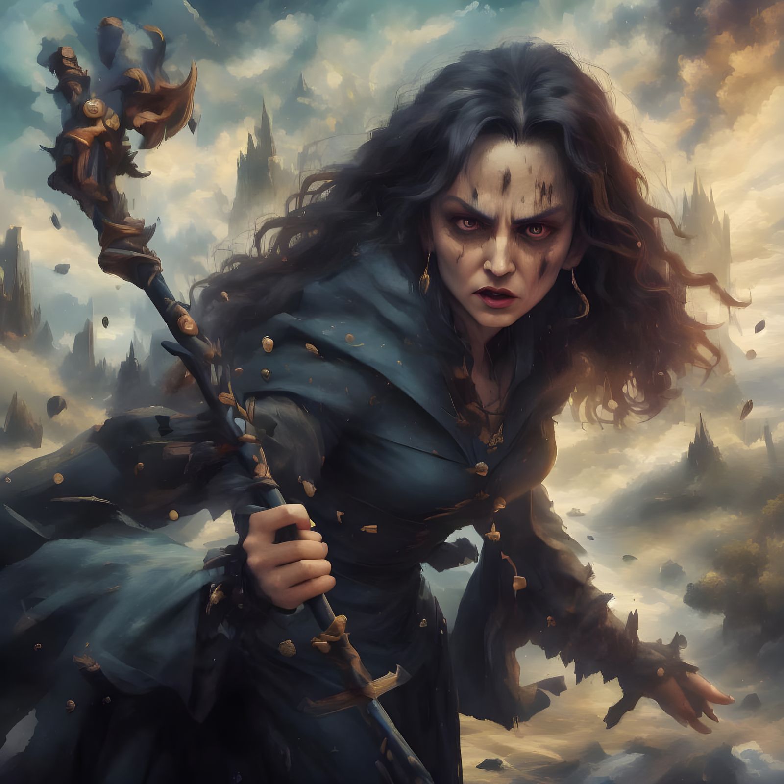 Evil Bellatrix Lestrange in Medieval War Zone, 3D Animation