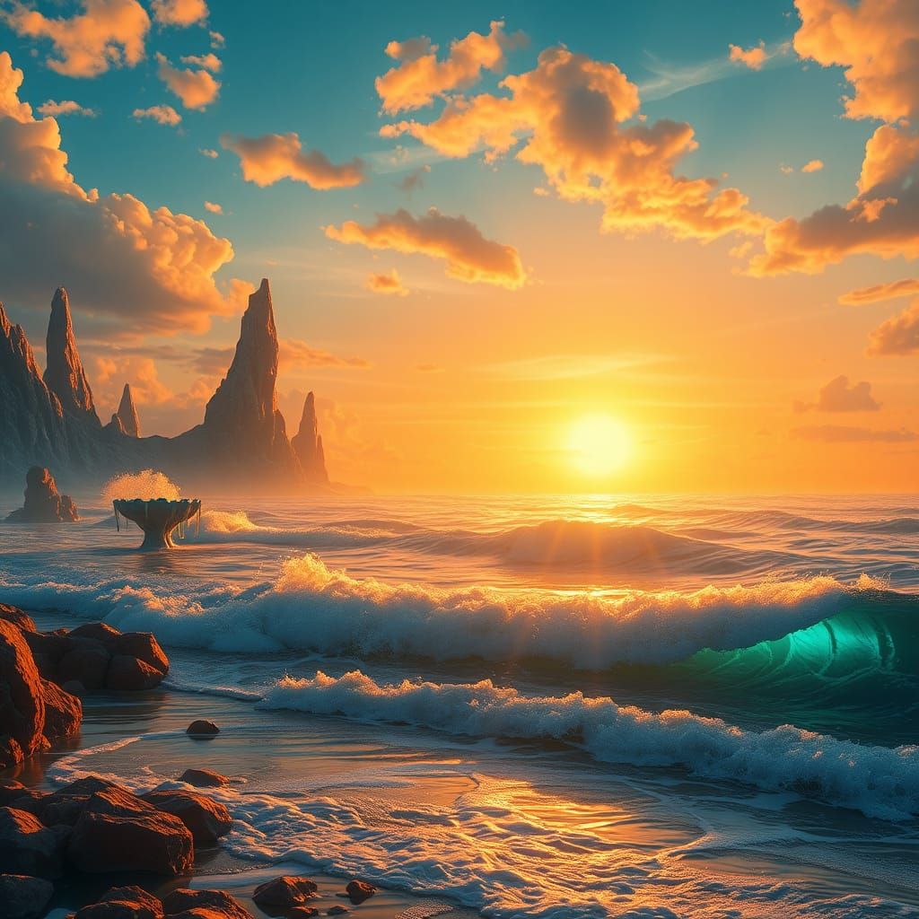 Magical Sunrise Over Crystal Ocean, Digital Matte Painting