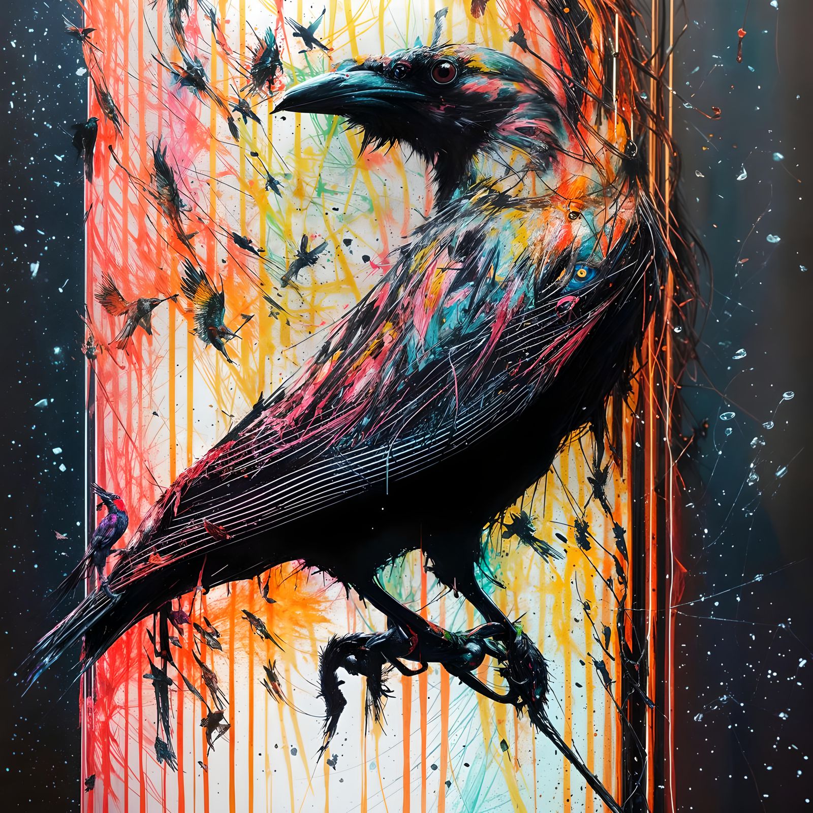 Colorful Paint Splatter Crow Portrait in 3D