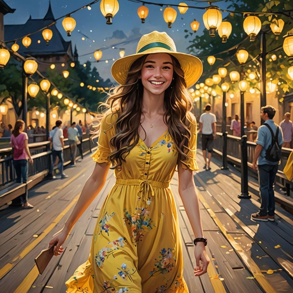 Happy Brunette Lady on Bridge, Art Nouveau Style