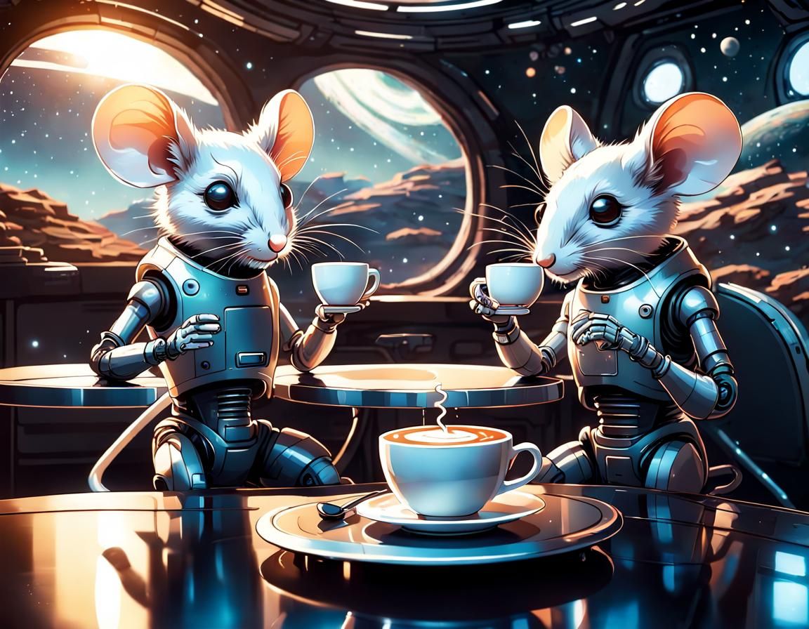 Robot Mice Sip Coffee in Space Cafe Comic Art