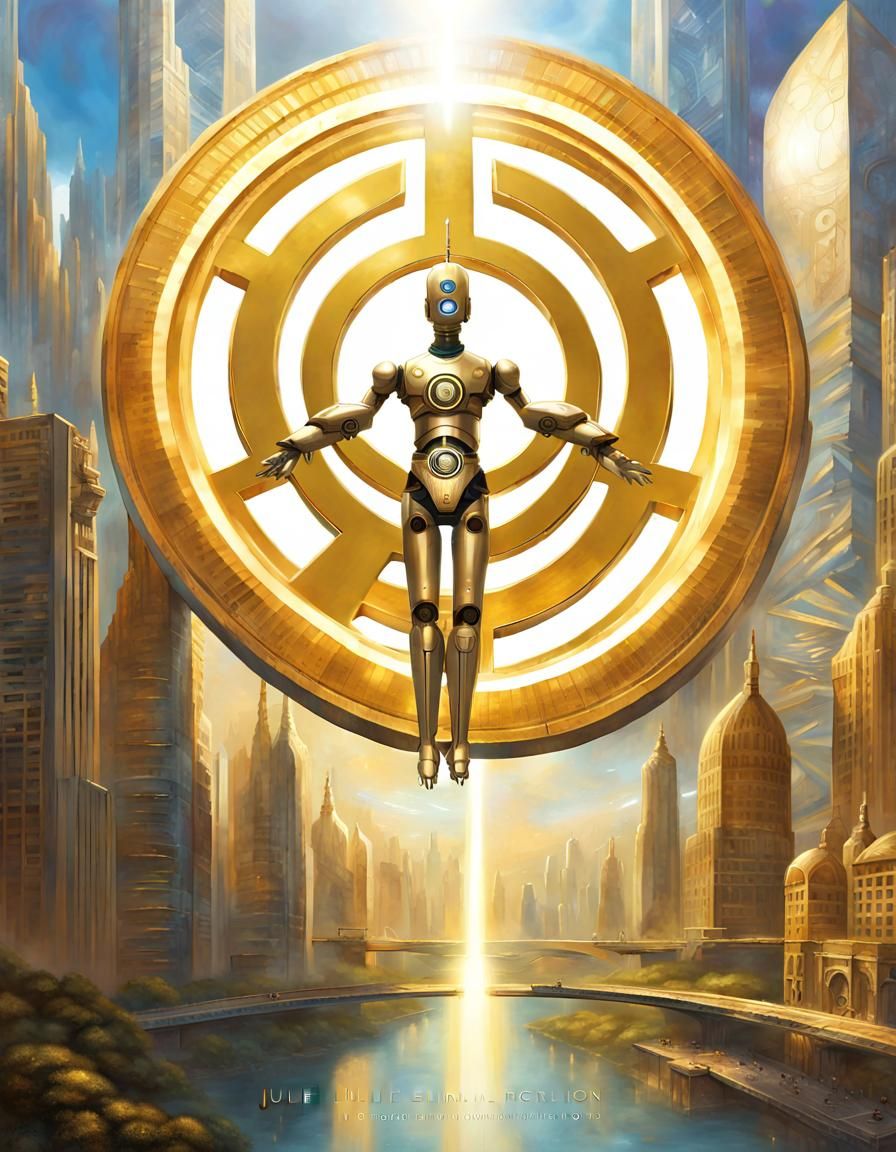 Futuristic Robot God Meditates Before Peace Symbol