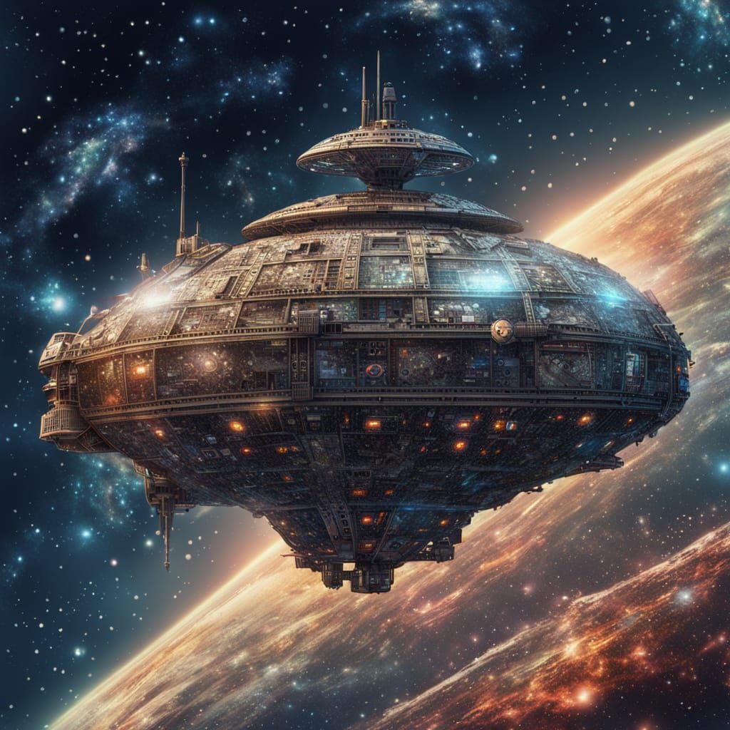 Steampunk Spaceship Over Alien Galaxy: Pointillism Lace