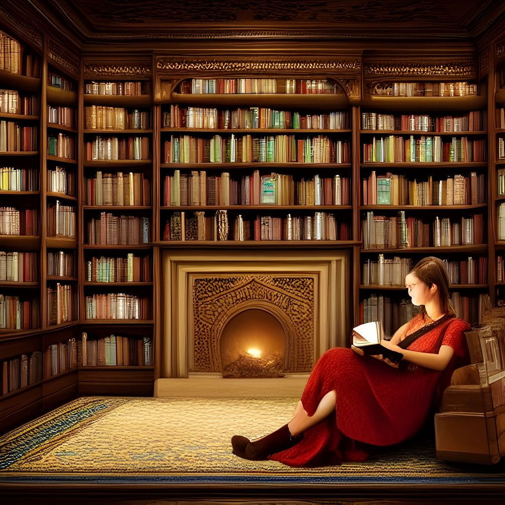 Cozy Library Scene by Fireplace in Fantasy Style