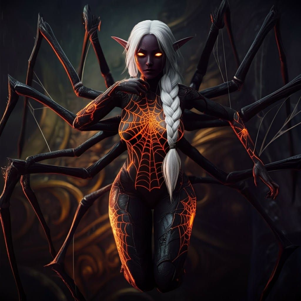 Dark Elf with Spider Arms in Bioluminescent Armor