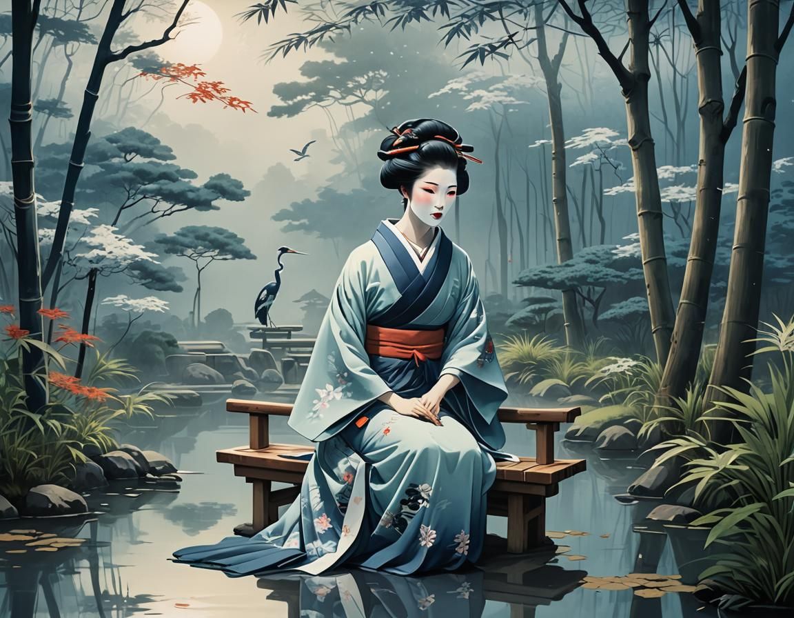 Elegant Geisha in Japanese Garden, Ukiyo-e Style