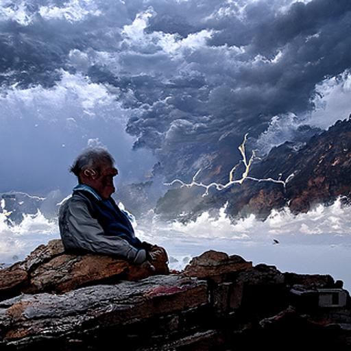 Old Man on Cliffside in Stormy Weather