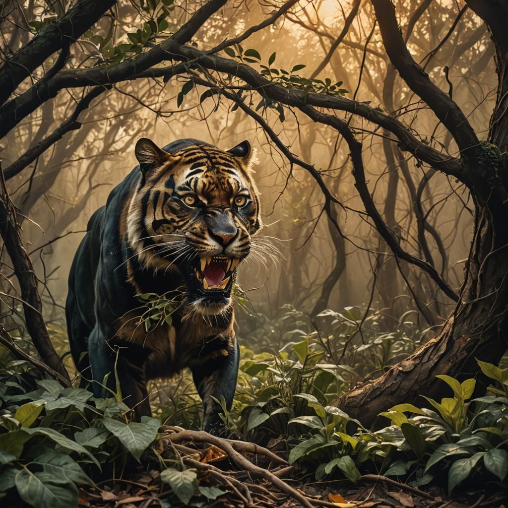 Eerie Surrealist Wildlife Art: Panther and Tiger