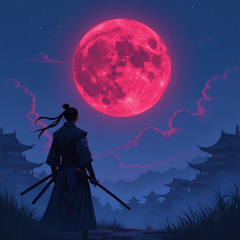 Ninja Observes Blood Moon in Neon Landscape