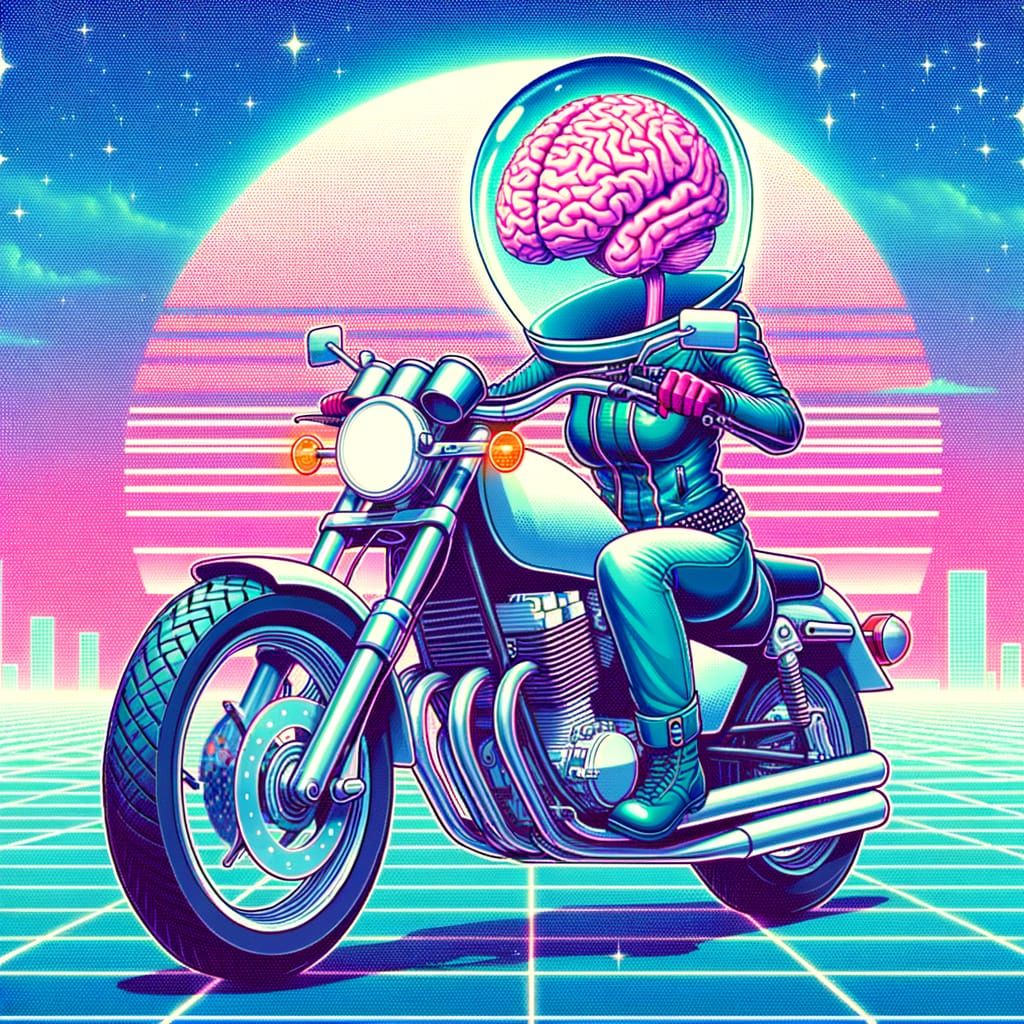 Biker Girl with Brain Helmet in Vaporwave Style
