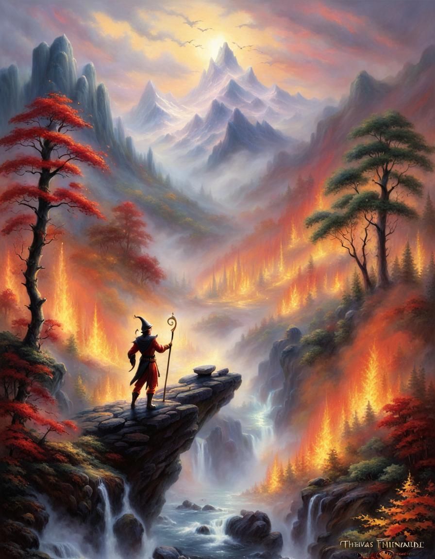 Black Elf Amidst Flames in Ethereal Fantasy Style
