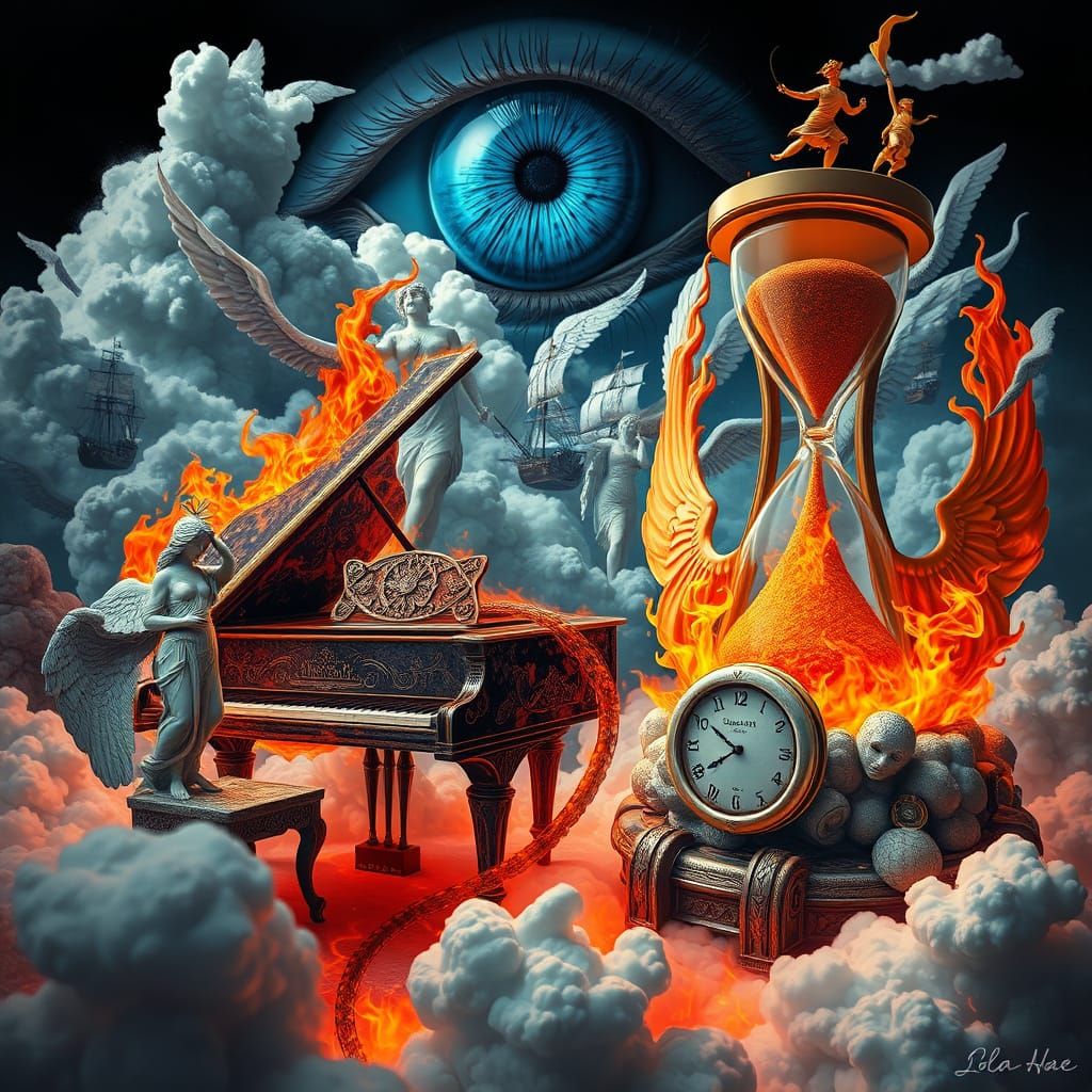 Surreal Steampunk Dreamscape with Fiery Piano and Melting Ve...