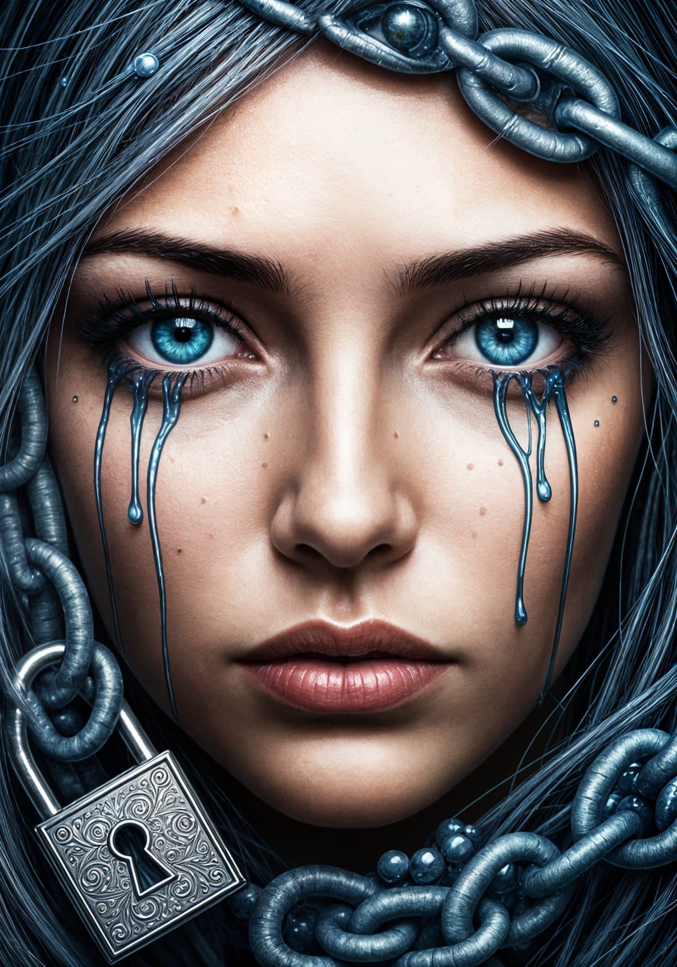 Woman's Face with Metallic Tears in Surreal Style