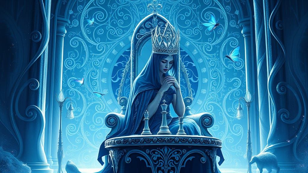 Regal Snow Queen in Ice Castle Chess Solo, Art Nouveau Style