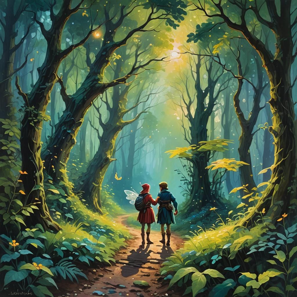 Fairy and Elf Chatting on Forest Path in Gouache