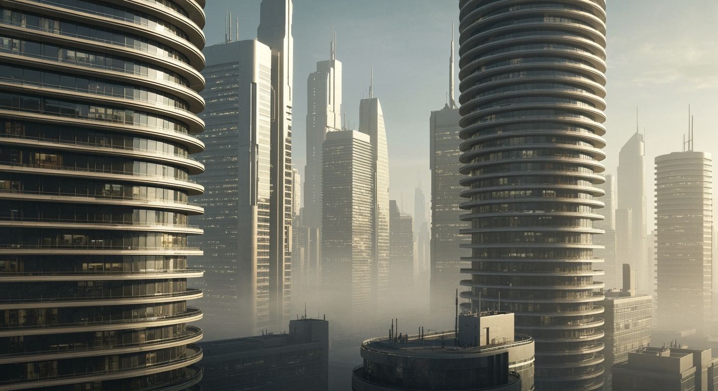 Futuristic Cityscape with Golden Light in Cyberpunk Style