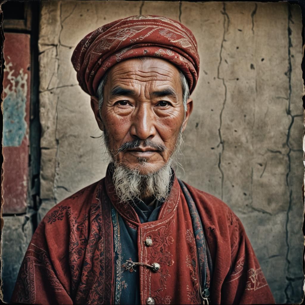 Uyghur Man in Red Turkic Dress: Polaroid Portrait
