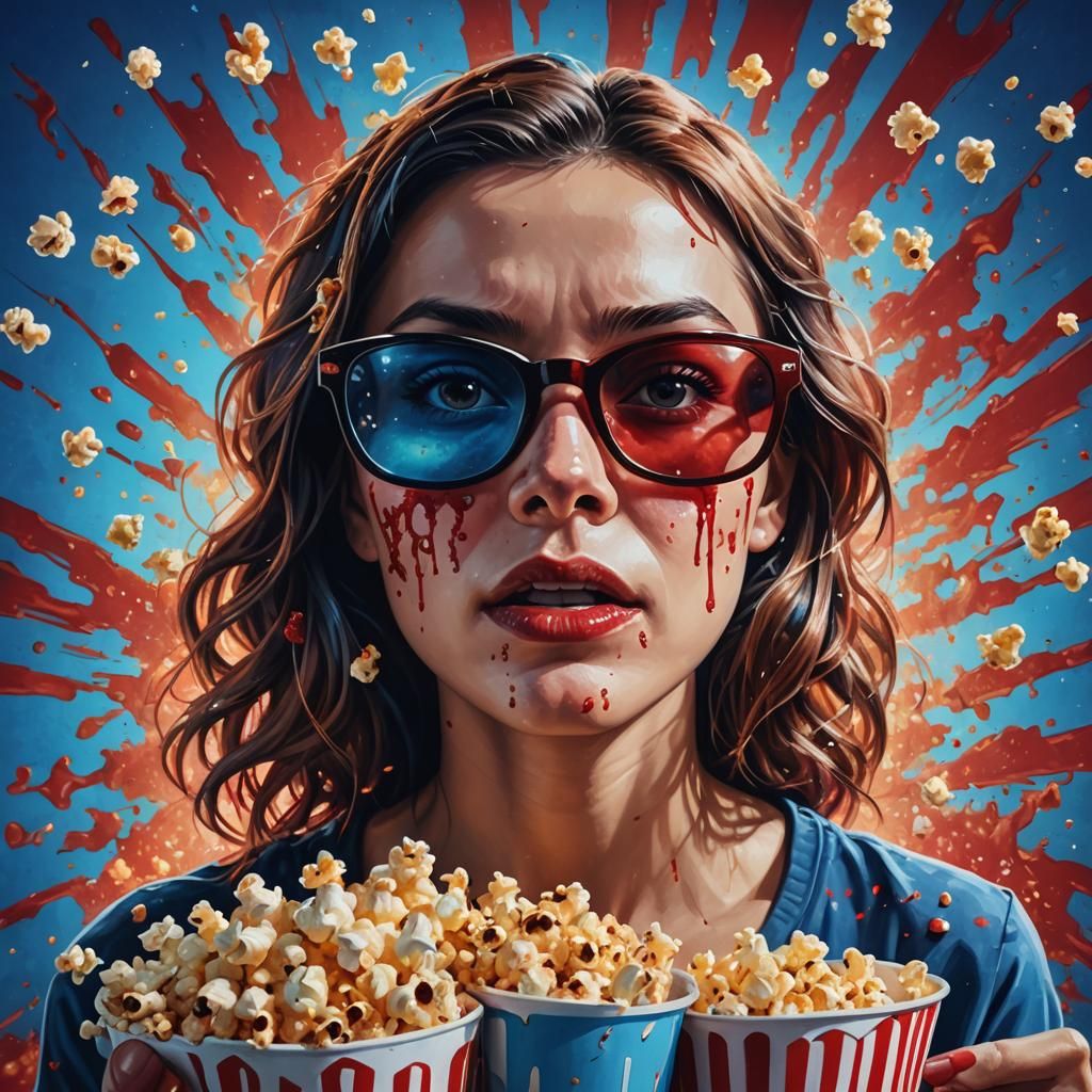 Woman Watching Movie with Popcorn: Hyperrealistic Digital Ar...