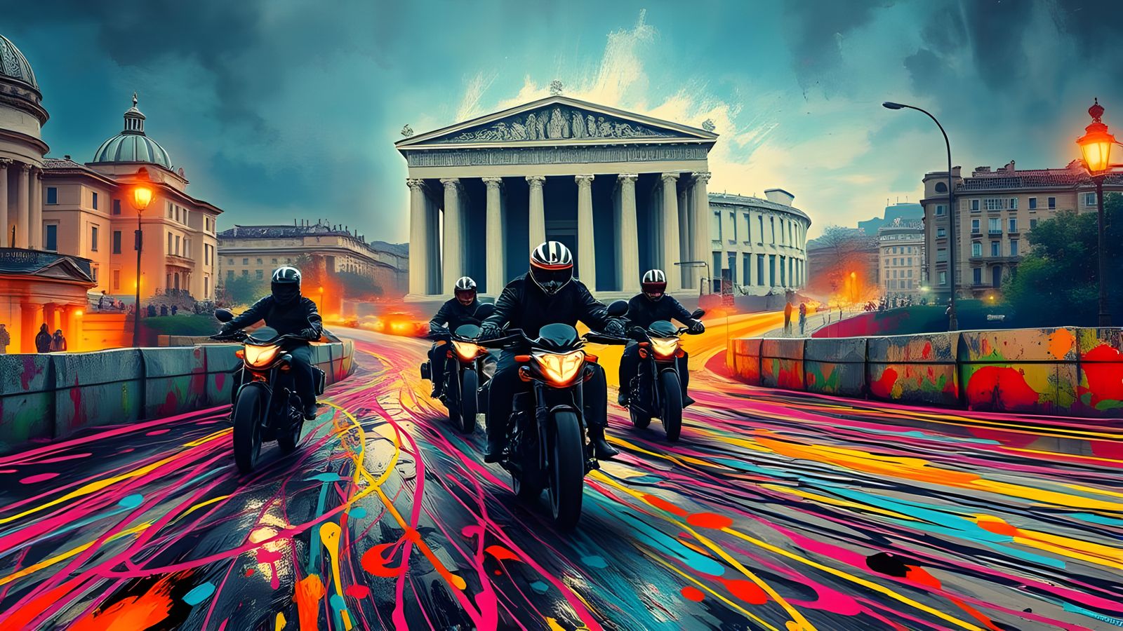 Kaleidoscopic Motorcycle Gang in Rome: Ink Splatter Art