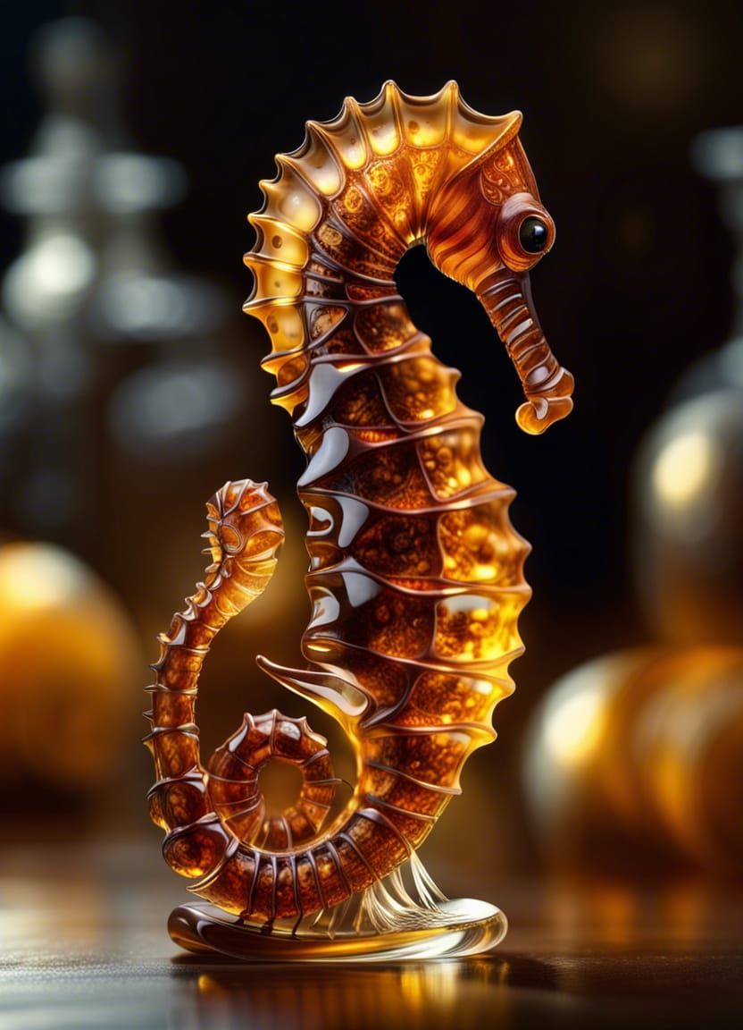 Intricate Amber Glass Seahorse Figurine