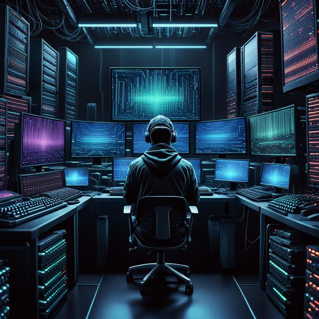 Sci-Fi Hacker in Atmospheric Tech Noir Room