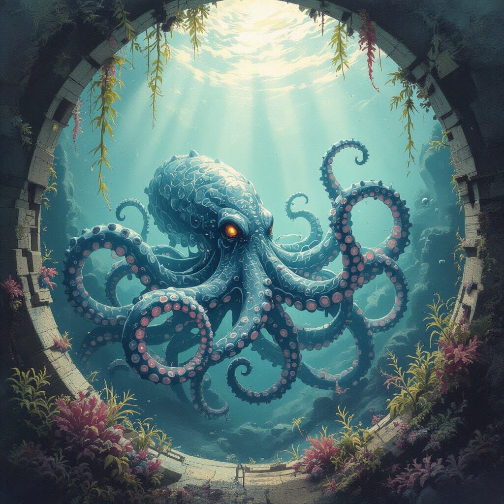 Kraken in Labyrinth: Ukiyo-e Style Oil Painting