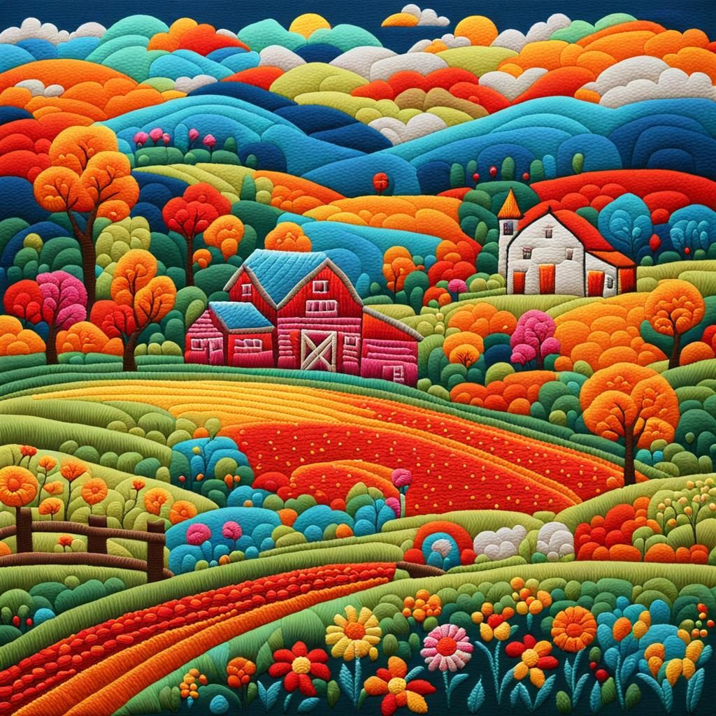 Stylized Farm in Bright Embroidered Style