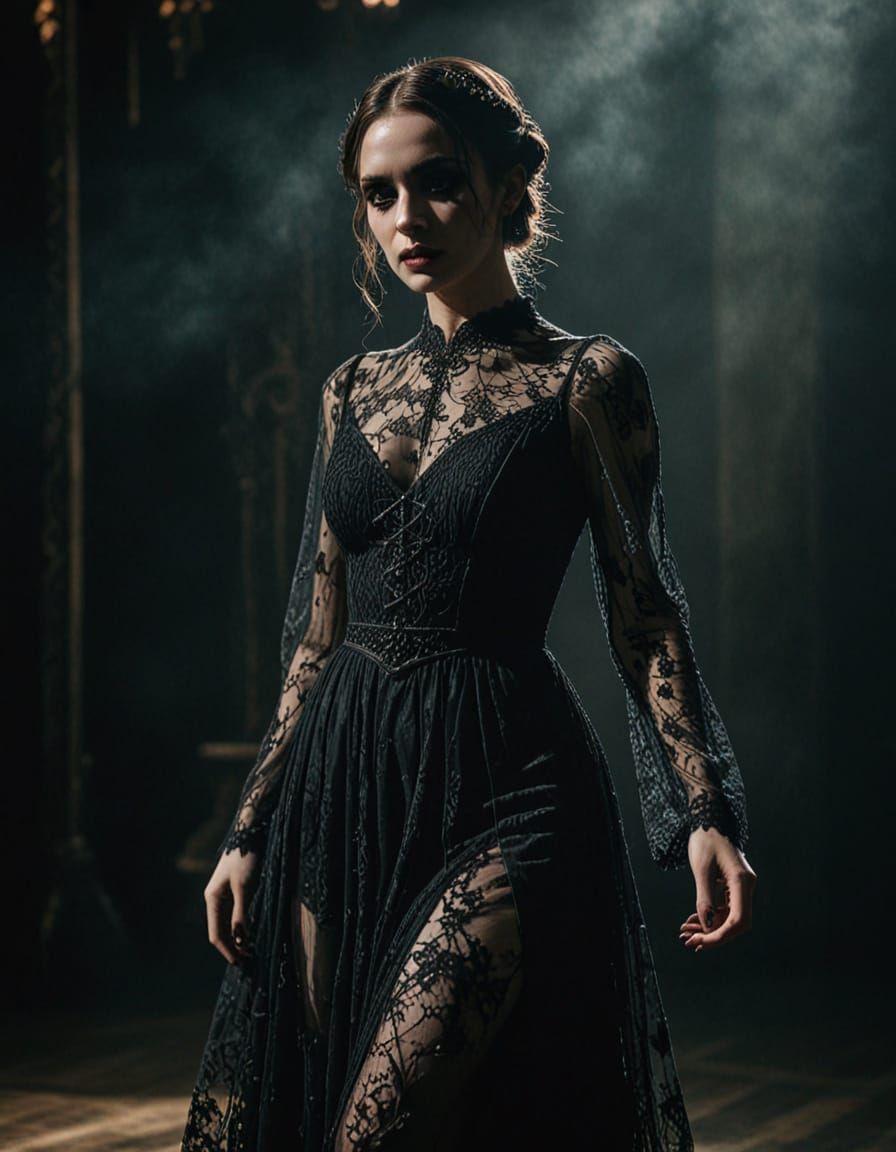 Gothic Woman in Lace Gown on Stage
