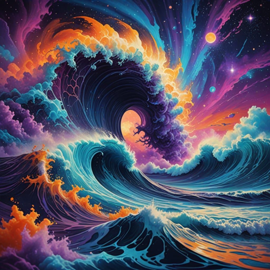 Cosmic Wave Crash in Vibrant, Dreamlike Hues
