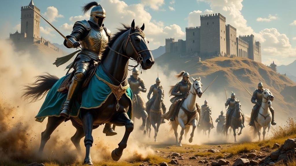 Medieval Knight Charging on a Massive Shire Horse in a Grand...