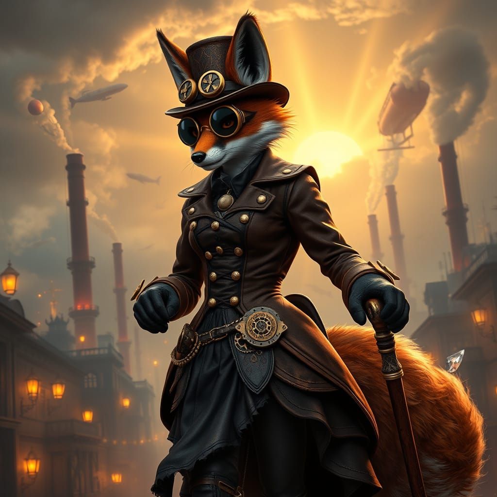 Steampunk Fox Siren Strides Through Victorian City