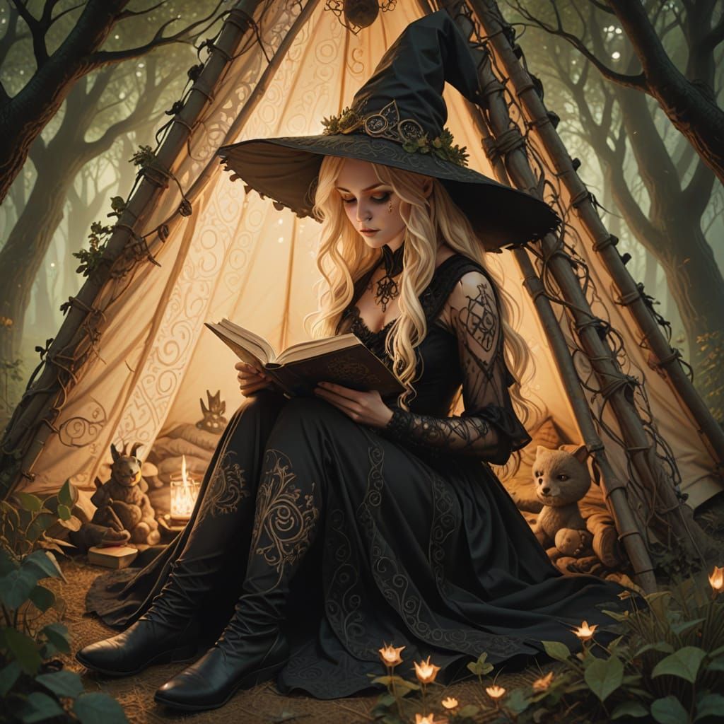 Blonde Witch Reading in Mystical Teepee