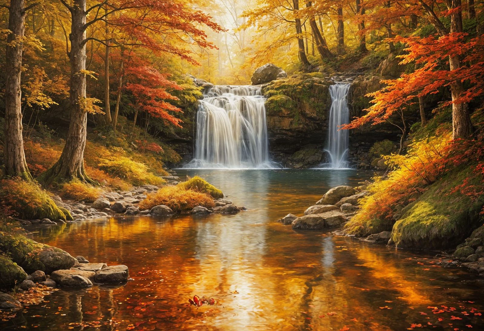 Vibrant Oil Painting of Autumn Waterfall in Ancient Forest
