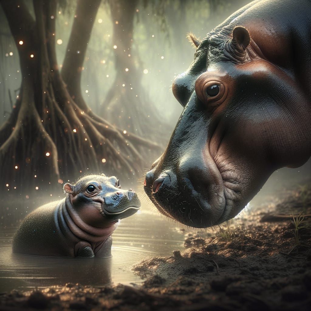 Affectionate Baby Hippo with Mother in Swamp
