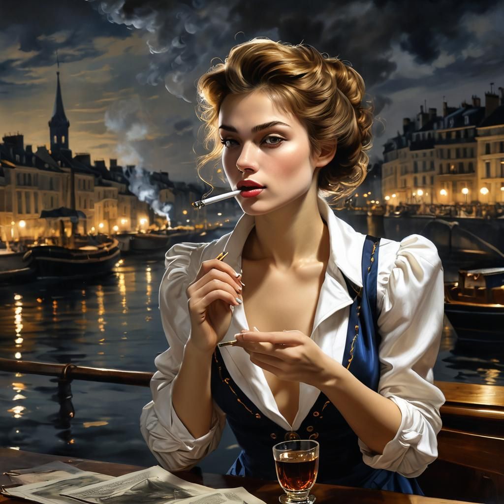 Female Sailor Smoking in Paris Harbor Intaglio