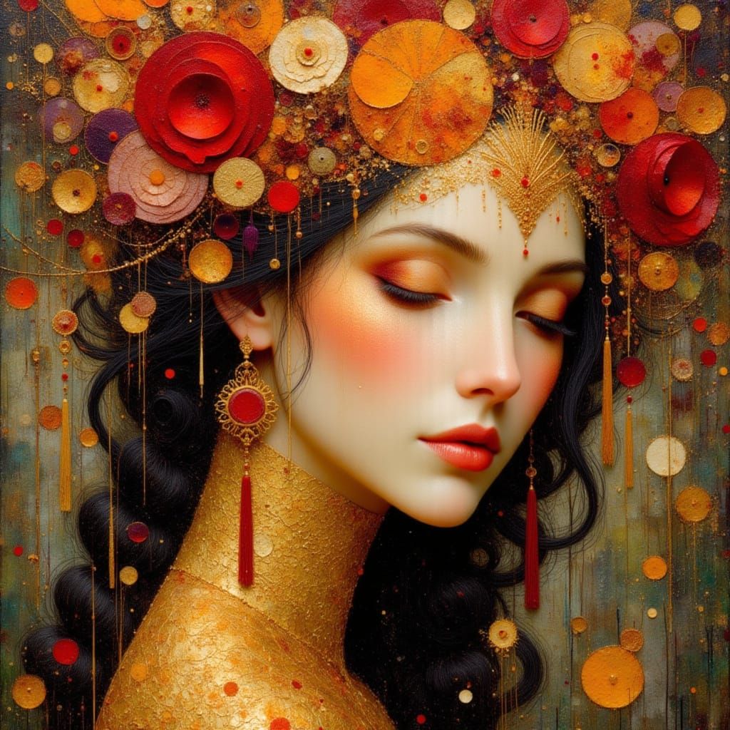 Nature Goddess in Gold and Crimson Hues