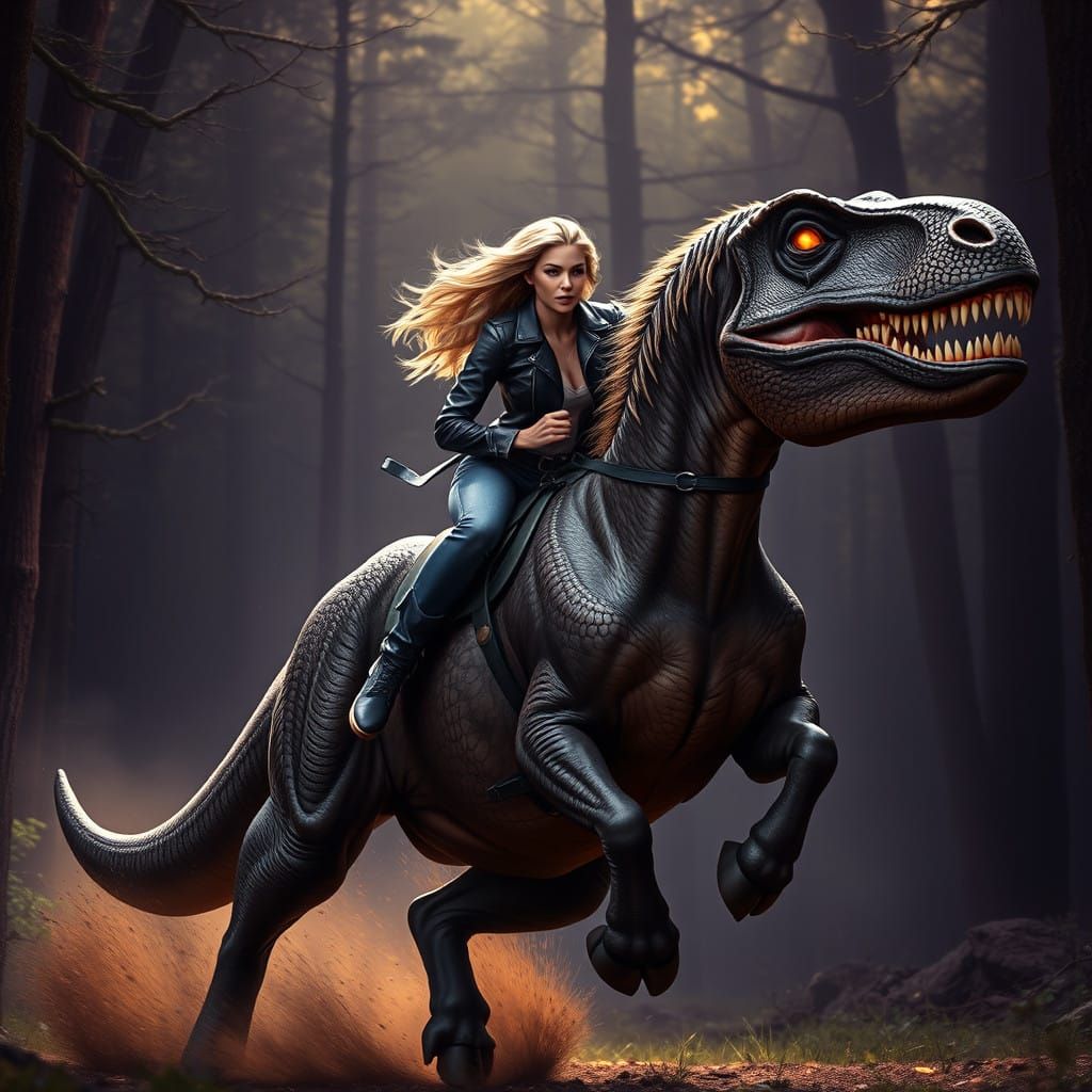 Epic Dark Fantasy: Women Riding Horse Beside T-Rex in Mystic...