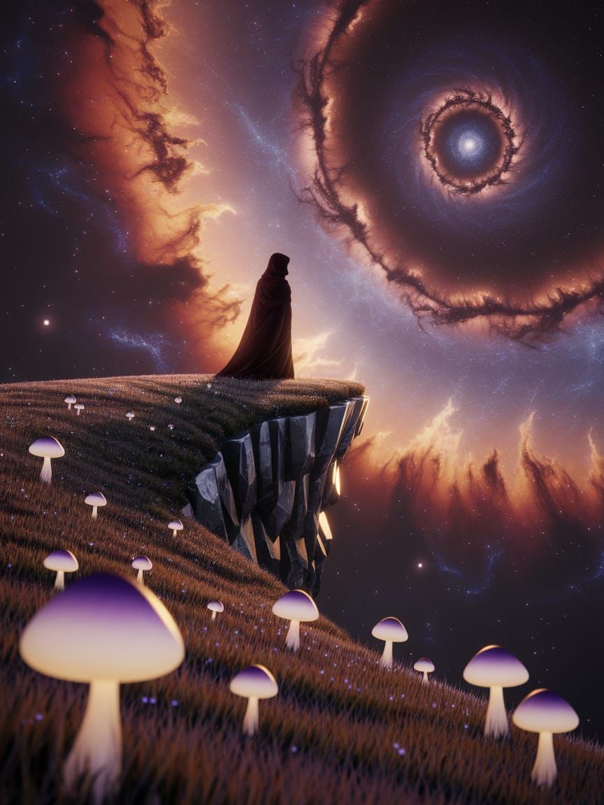 Cloaked Figure on Crystalline Cliff Overlooking Amethyst Neb...