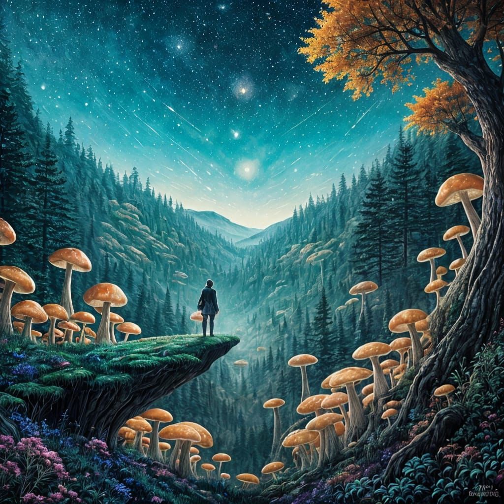 Figure Overlooking Enchanted Forest Under Constellation Sky