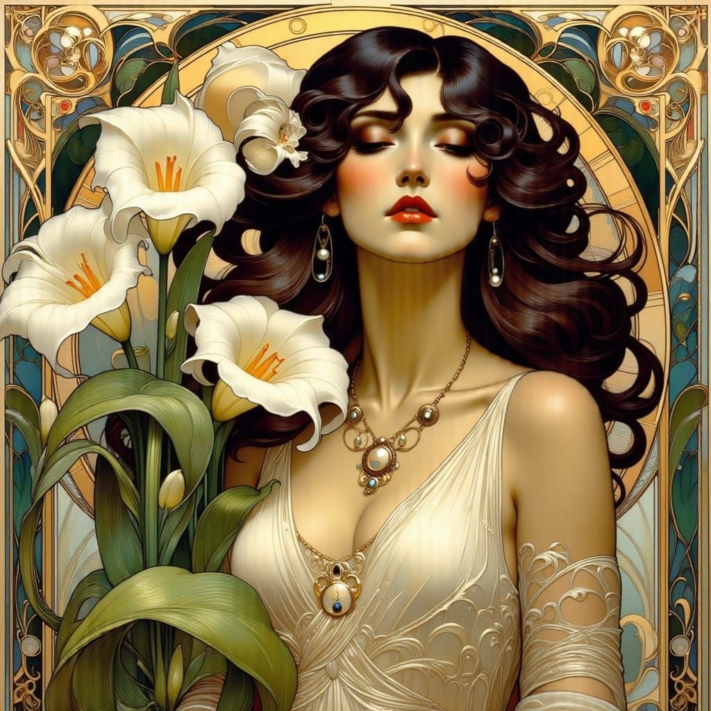 <lora:Art deco nouveau 2:1.0> <lora:Art Nouveau Flux:1.0> Art Nouveau style picture of a tan skin dark hair woman and wh...
