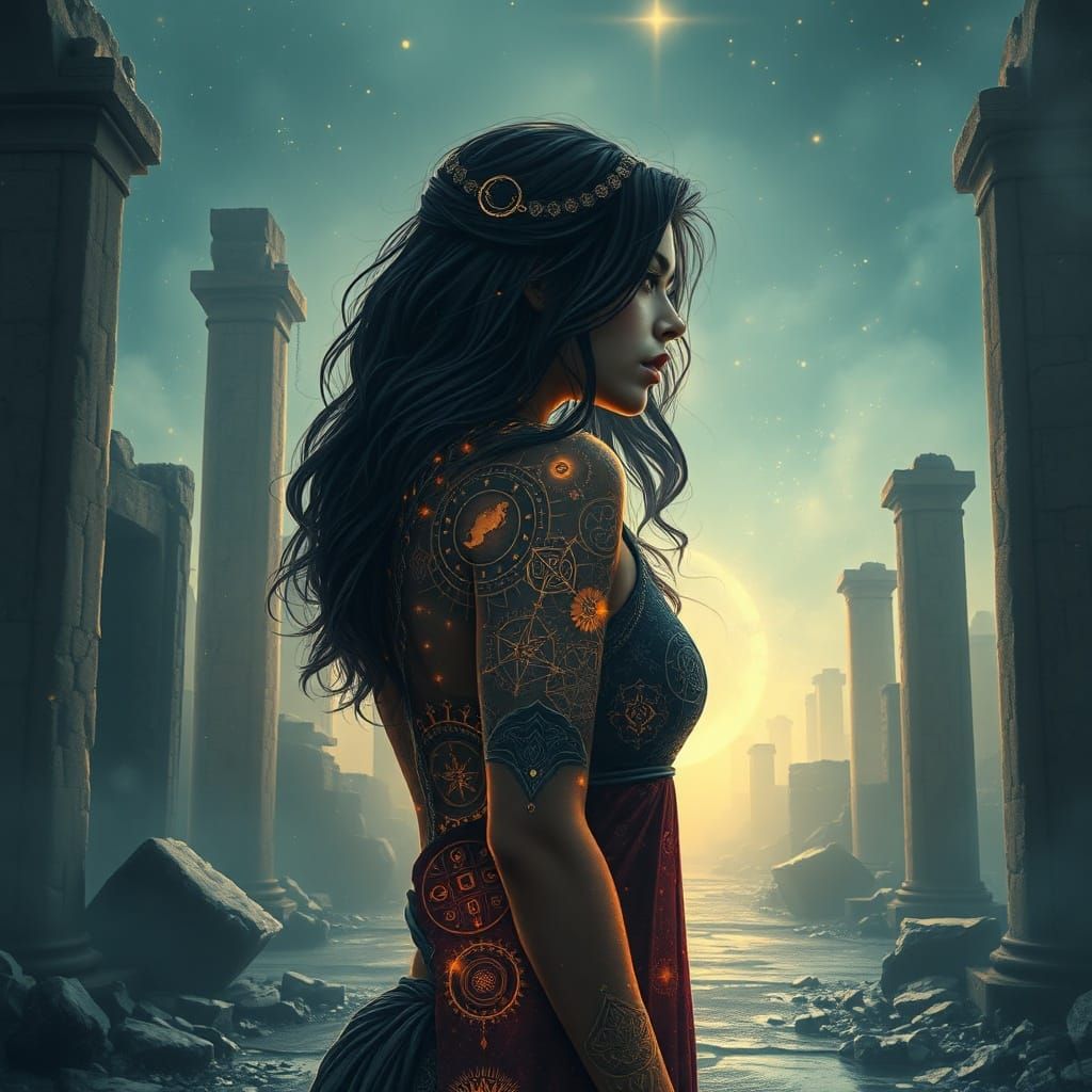 Mystical Woman in Ruins with Celestial Tattoos