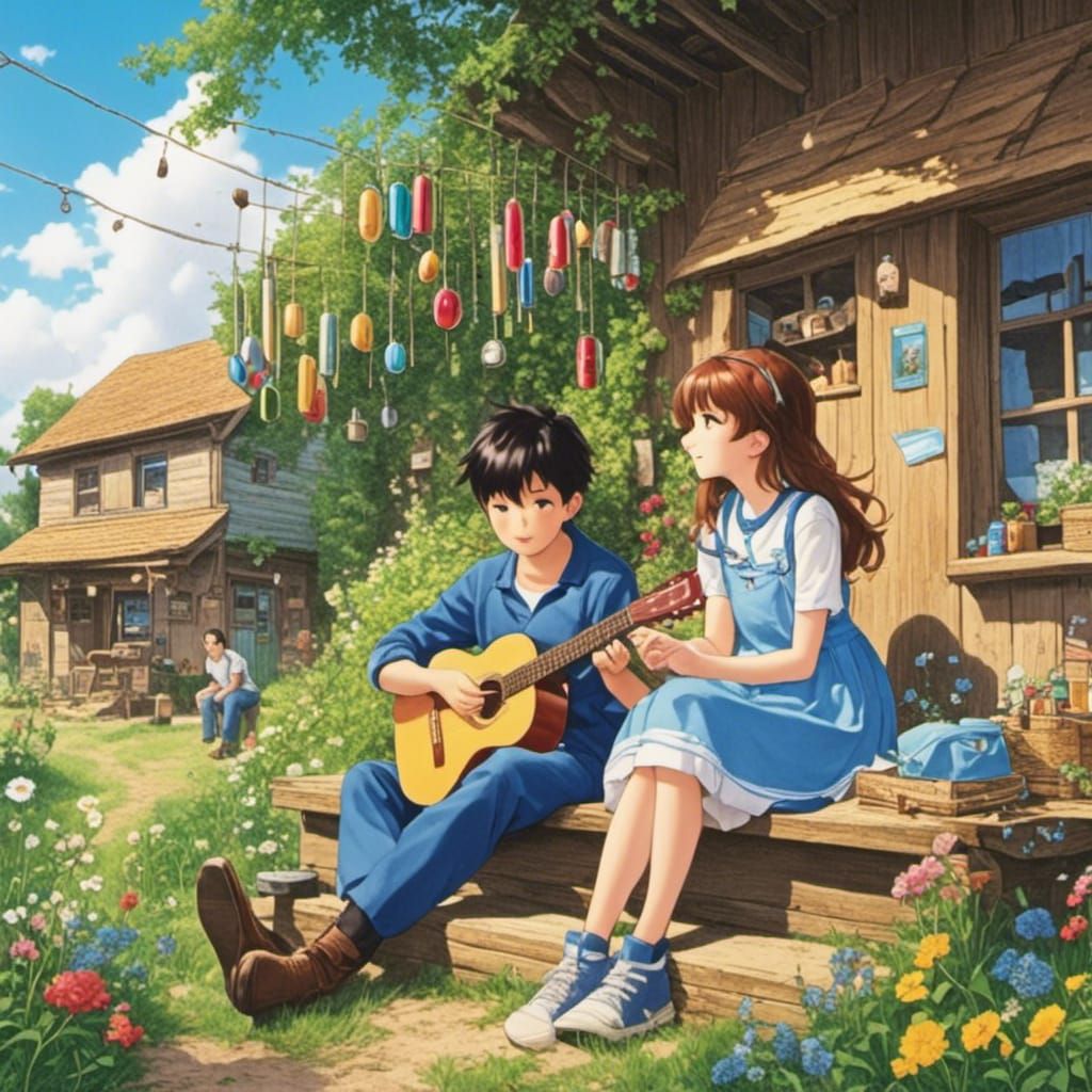 Children Relaxing at Home with Wind Chimes