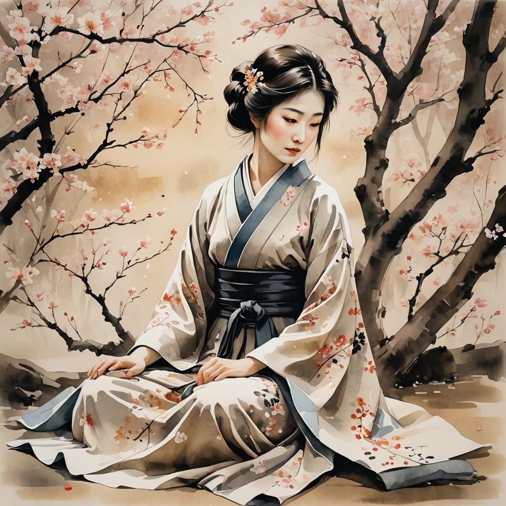 Elegant Sumi-e Woman in Cherry Blossom Garden