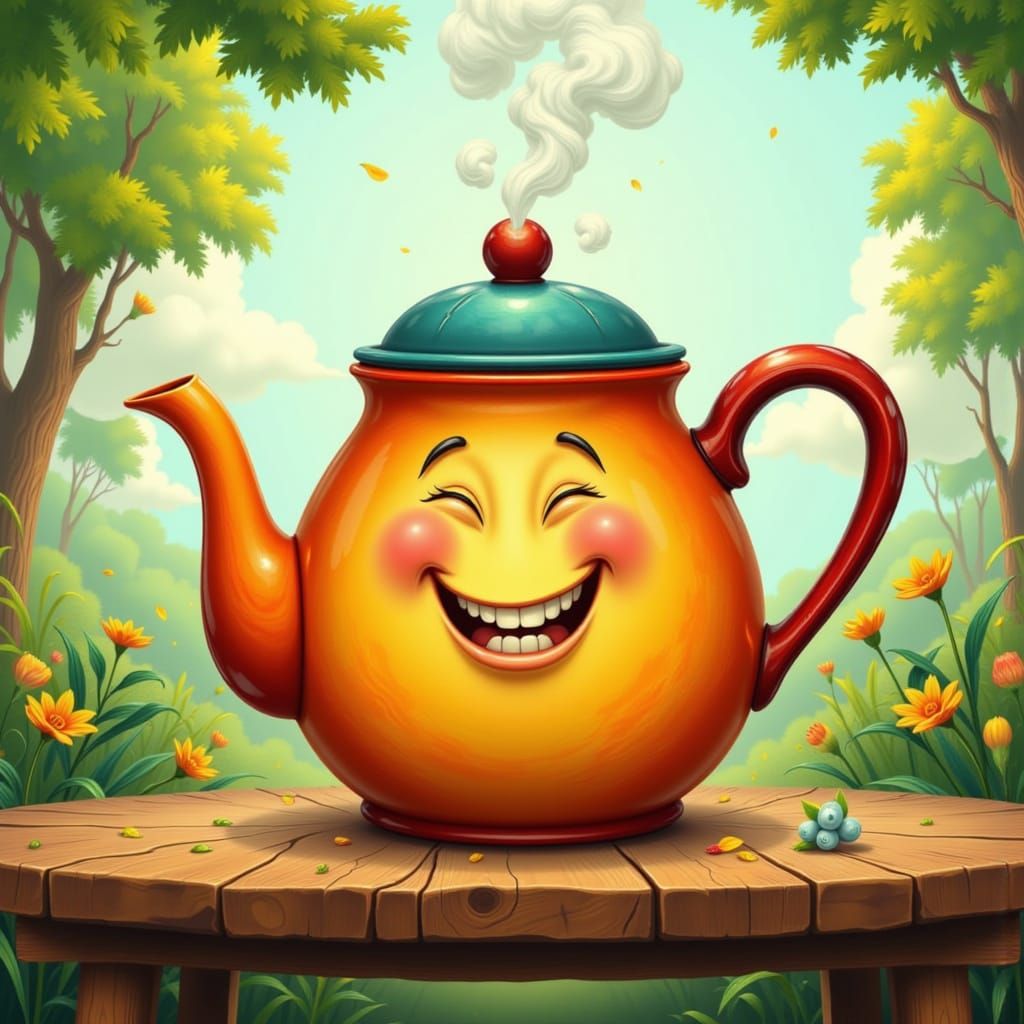Whimsical Teapot Grinning on Rustic Table