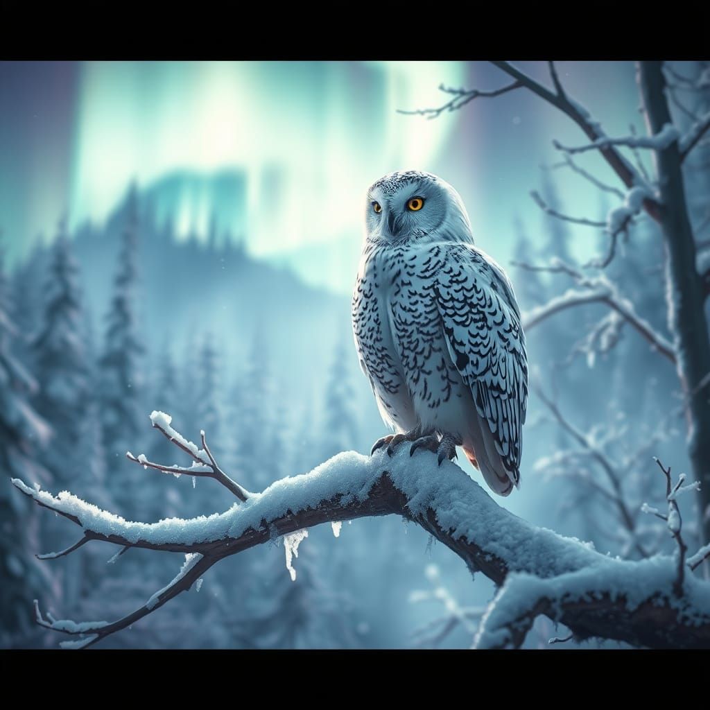 Snowy Owl in Frozen Forest Under Aurora