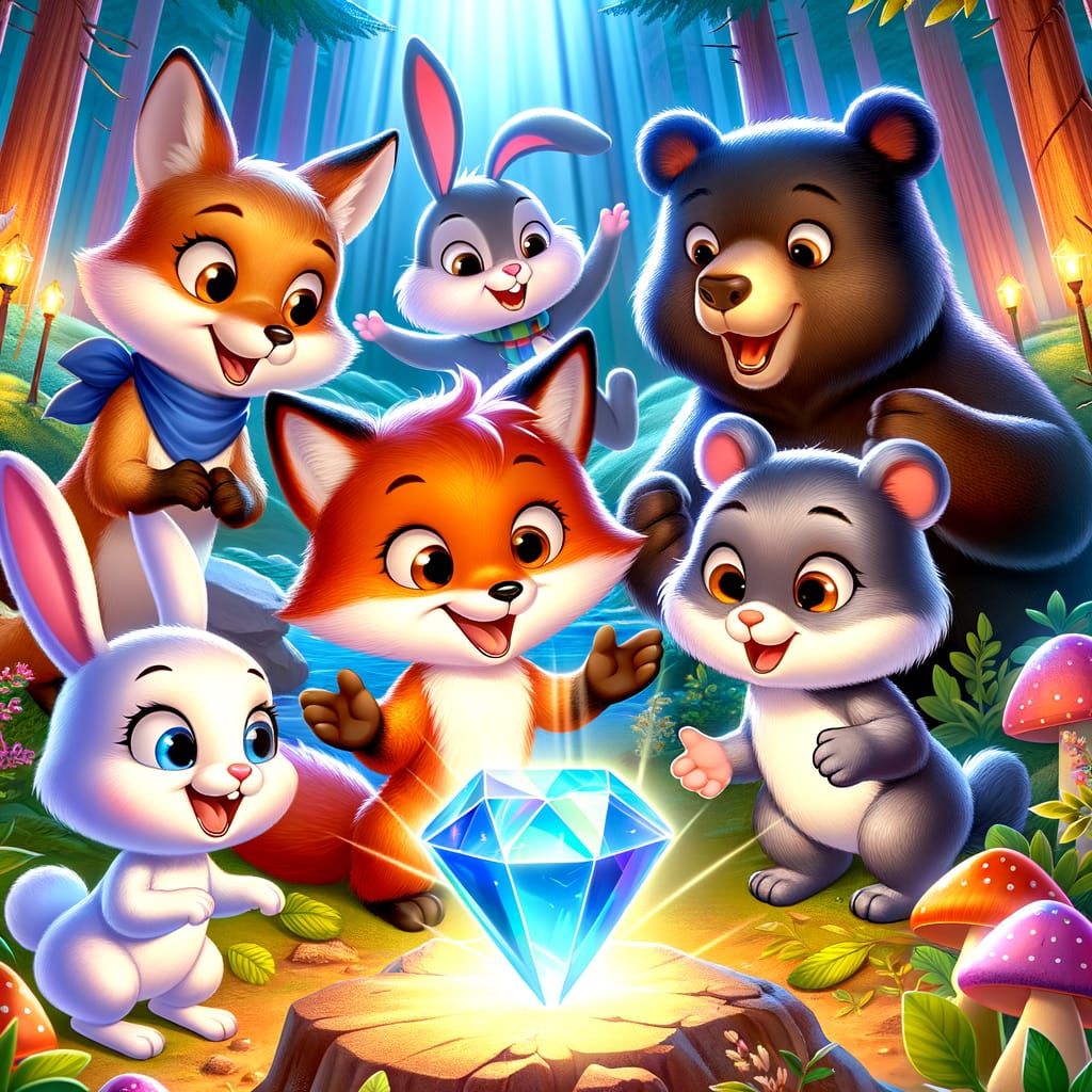 Charming Forest Animals Gather Around a Magical Crystal