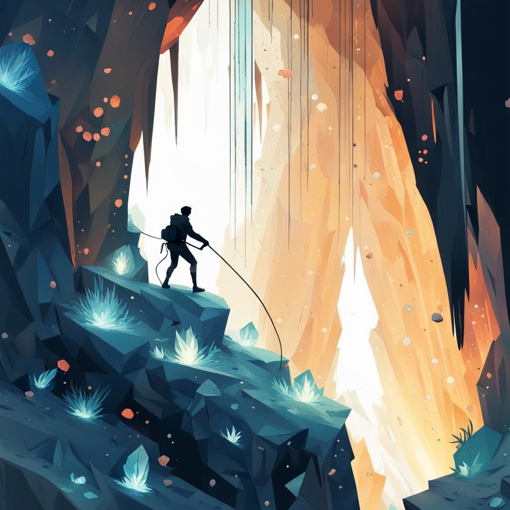 Crystal Cave Adventure: Anime-Inspired Rappelling Scene