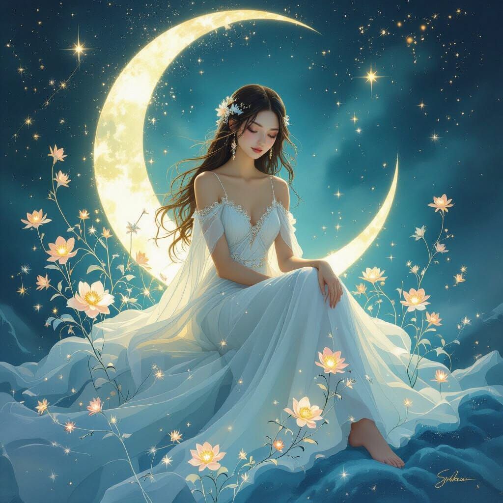 Ethereal Goddess Enthroned on Nebula, Luminous Art